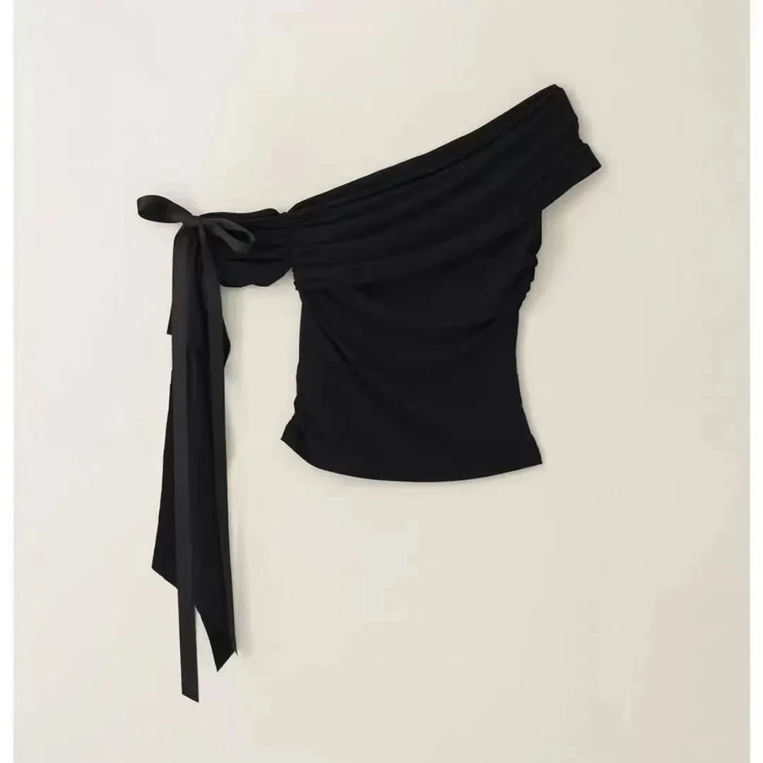 A百搭露背纯欲风短款褶皱短袖T恤夏季黑色简约运动无袖外搭时尚