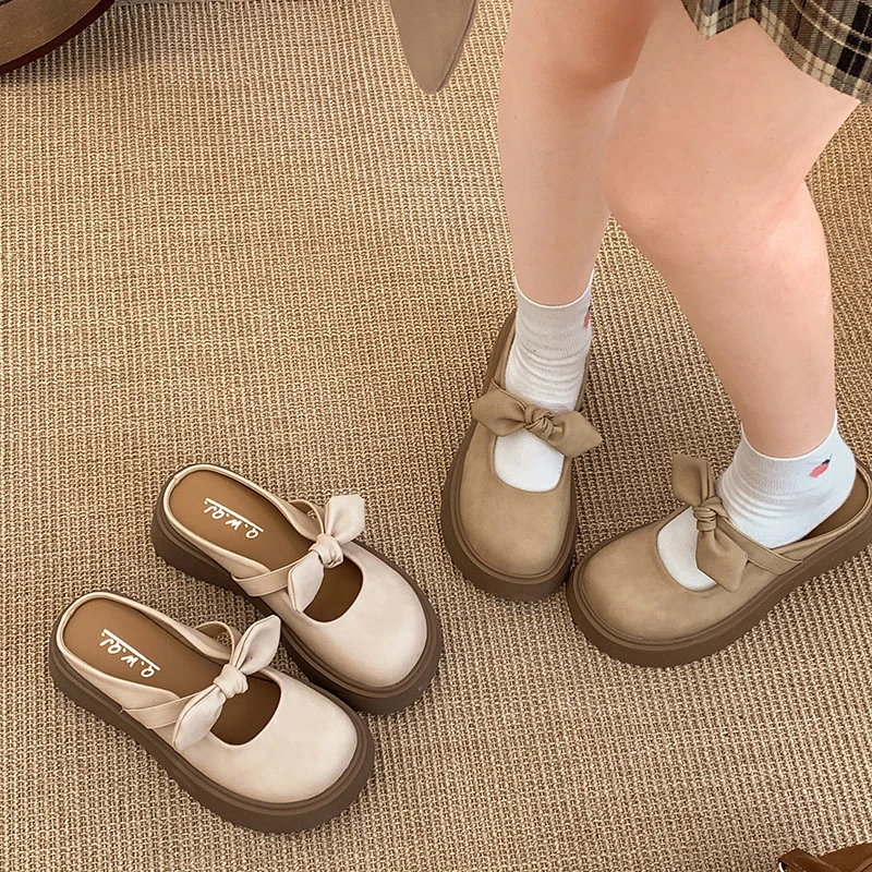 复古蝴蝶结增高厚底包头拖鞋女夏外穿2025新款一脚蹬玛丽珍半拖鞋