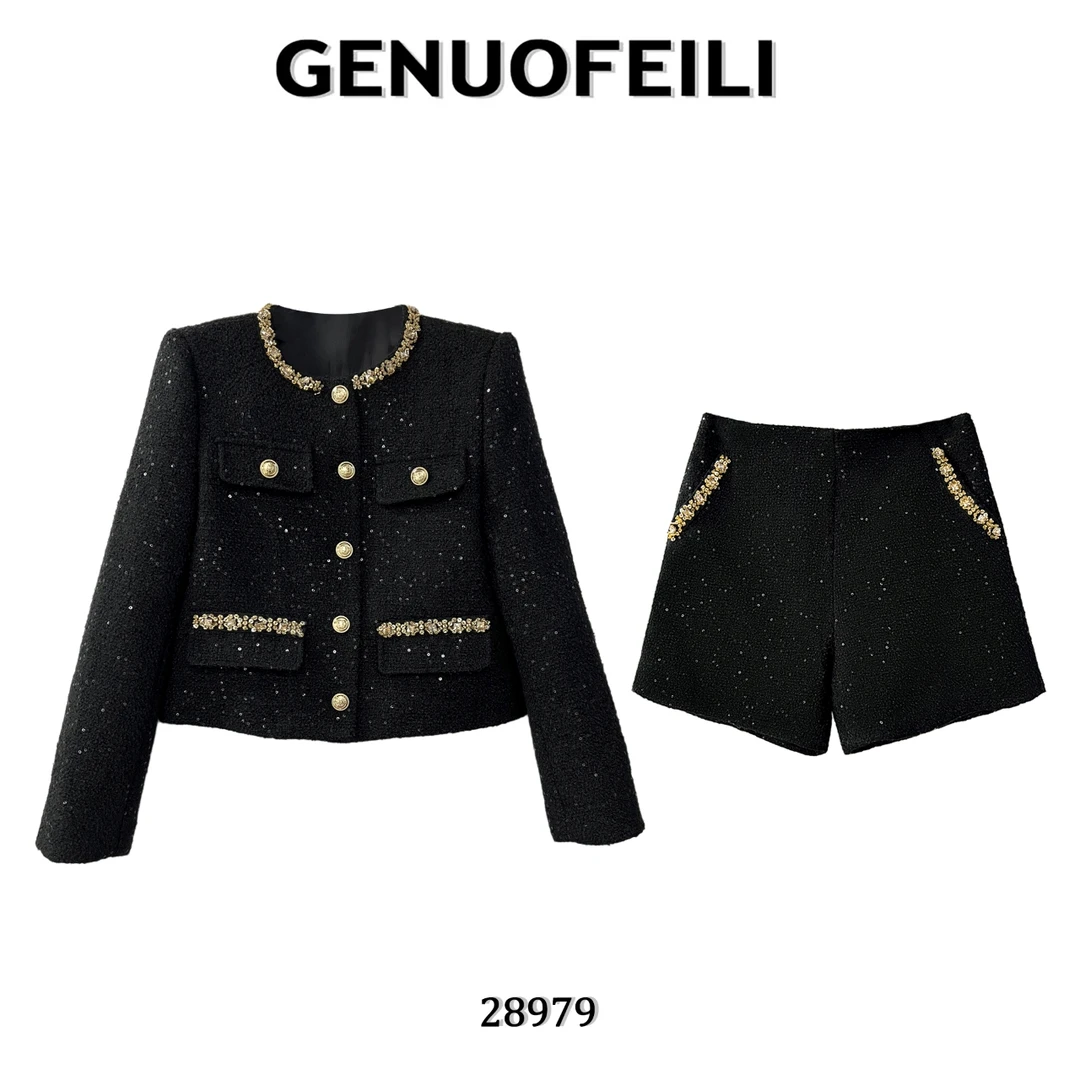 时尚名媛黑色显瘦修身长袖小香风套装网红款小香风外套女款爆款