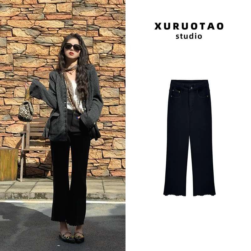 XURUOTAO【缪斯九分裤】棉感莱赛尔设计显瘦高腰黑色裤子 T5608