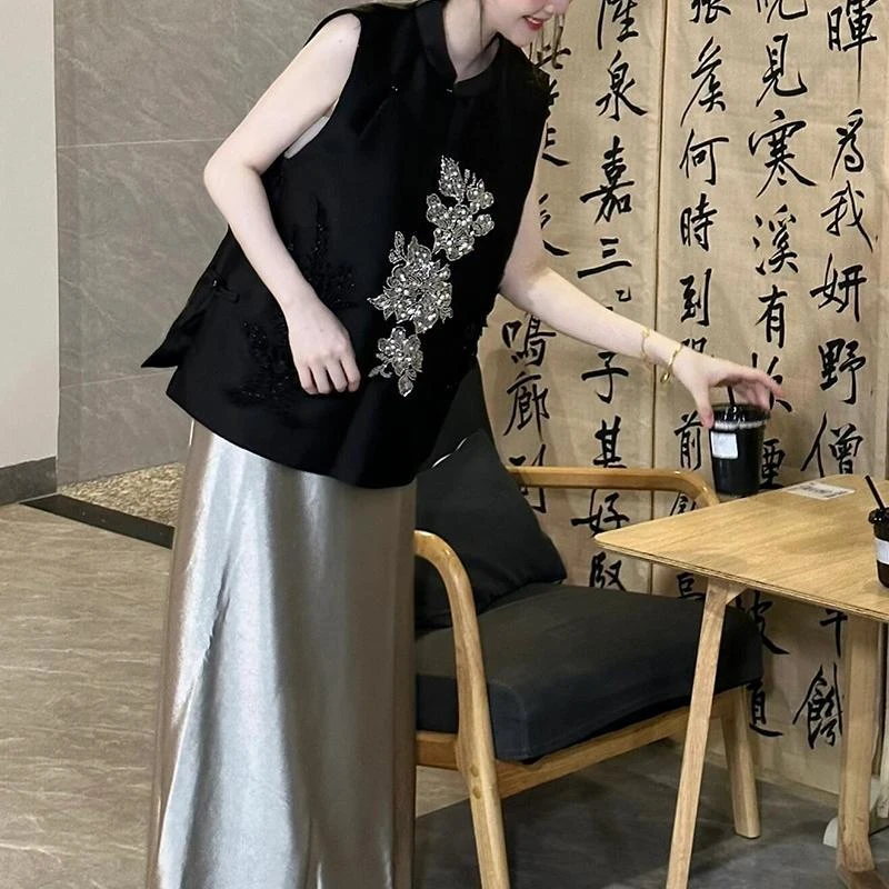 2025年新中式气质文艺中国风国潮无袖盘扣黑色马甲半身裙两件套女