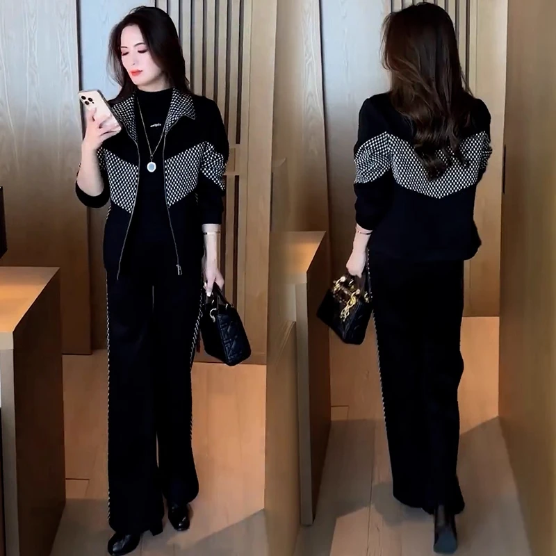 休闲运动套装女春秋新款洋气显瘦格子拼接立领开衫阔腿裤两件套潮