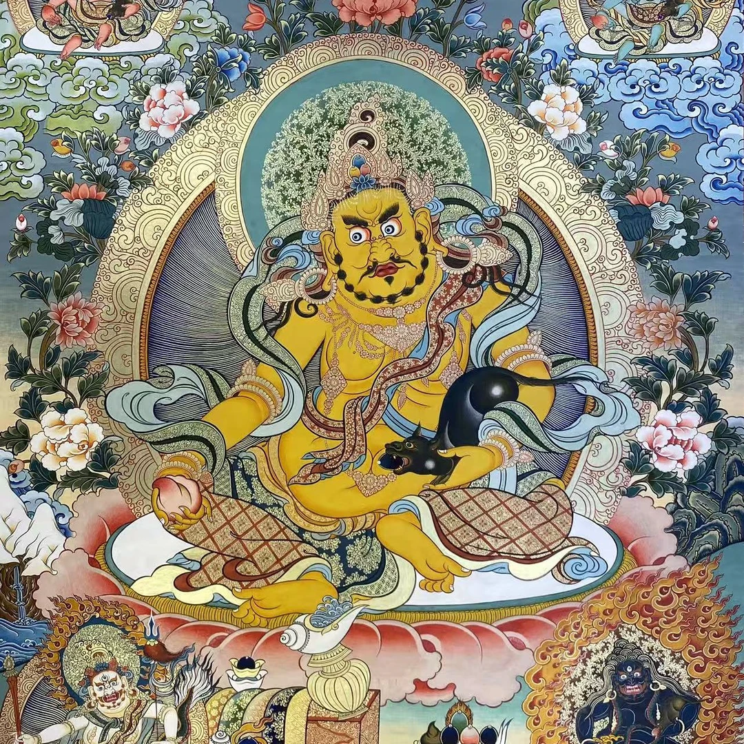 纯手绘青海热贡精工彩唐五路财神唐卡裱完80*60左右