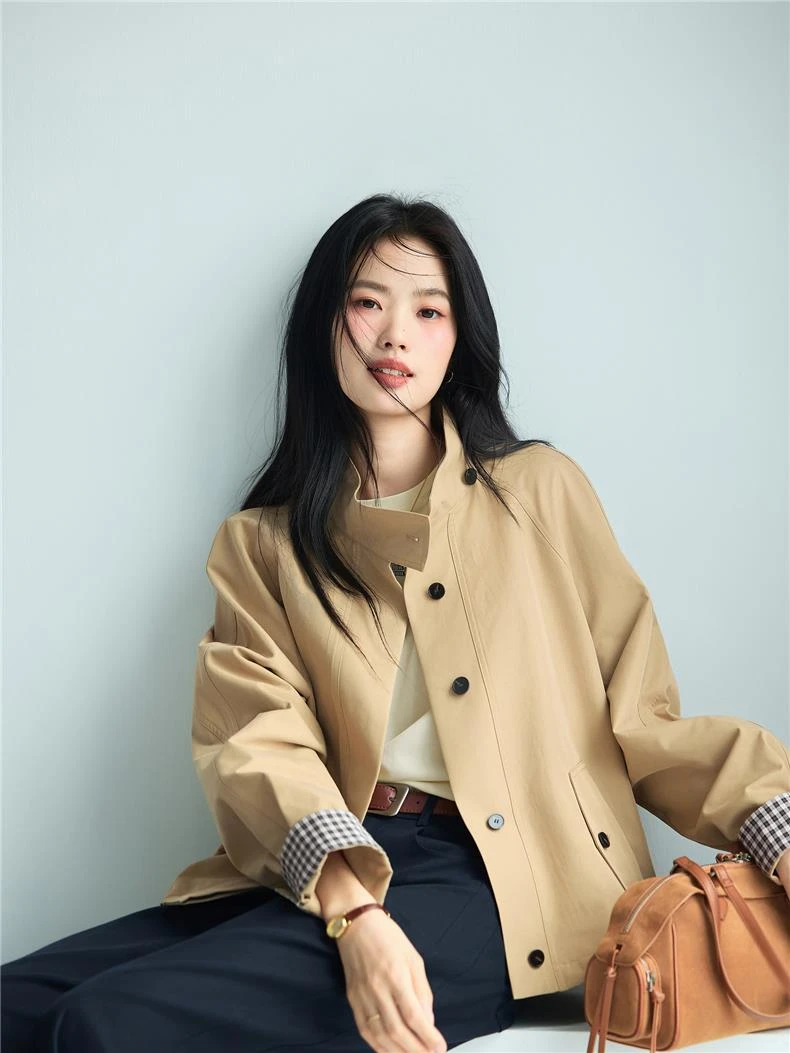 伊折扣立领可兜下摆袖口撞色翻边设计风衣女25秋装外套1G8960291