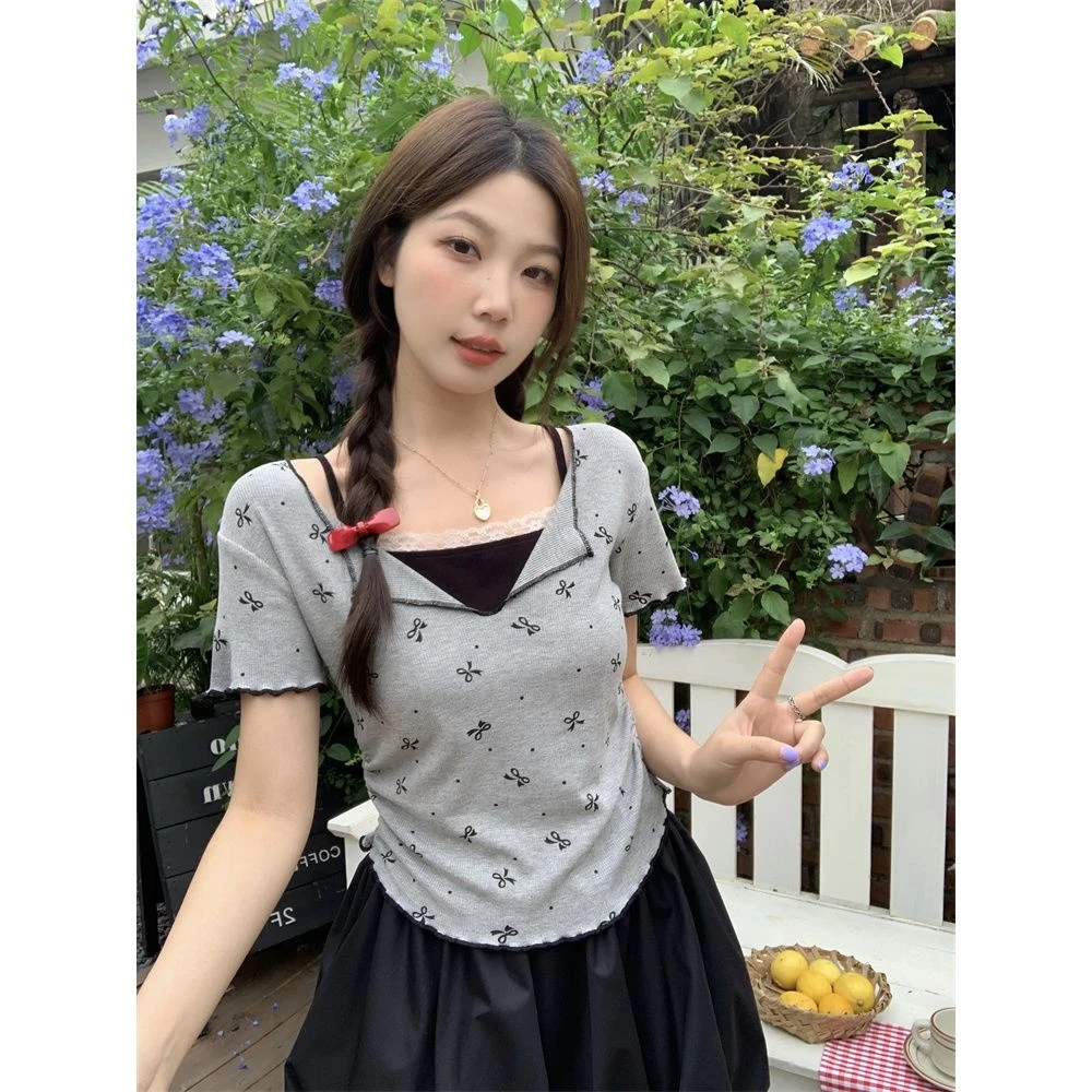 大码甜辣假两件正肩短袖T恤纯欲芭蕾风显瘦蝴蝶结上衣