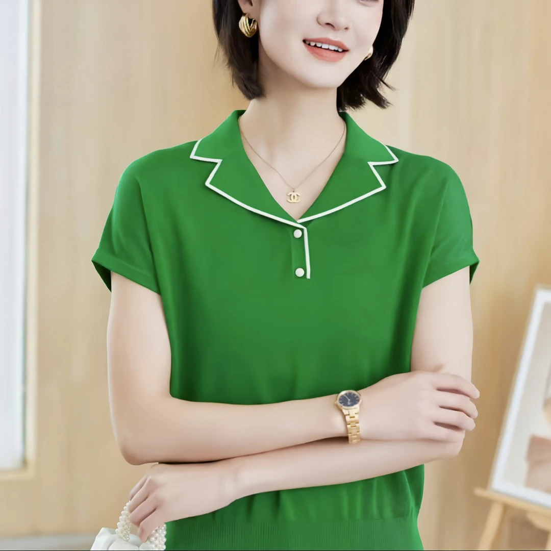 【遇见服饰】2025新款莱赛尔天丝西装领短袖纯色显瘦针织衫针织衫