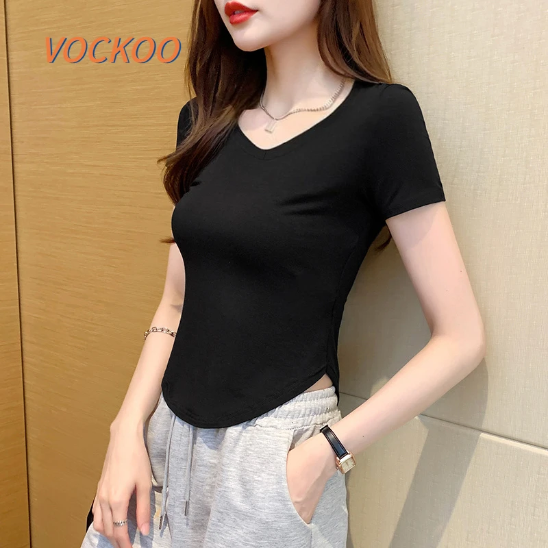 VOCKOO黑色V领冰丝短袖夏季百搭弧形下摆t恤女修身收腰不规则短款