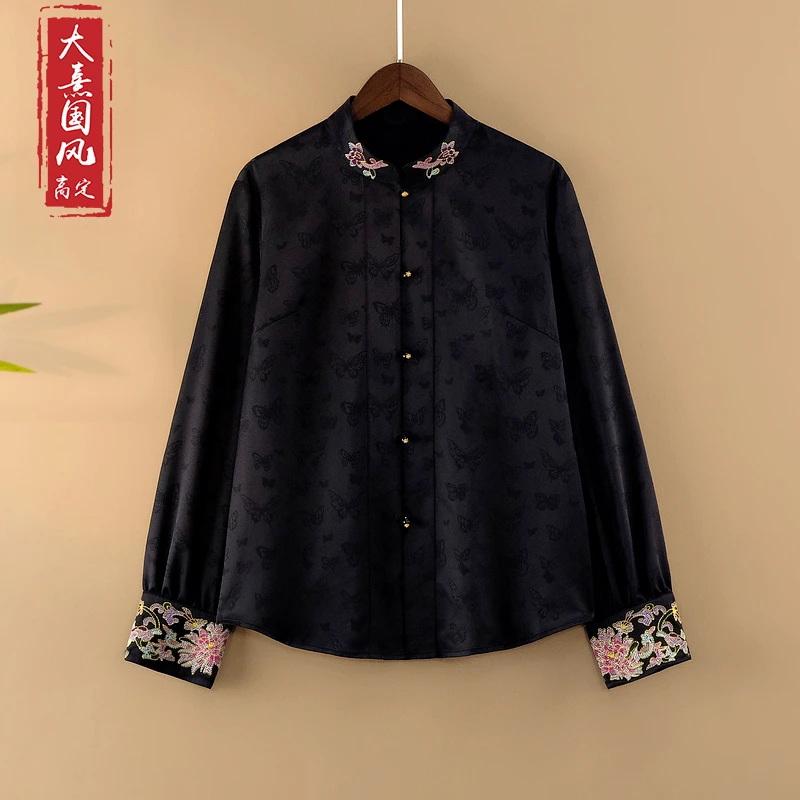 【薇兰】2025新款春季国风上衣小衫女装新中式立领绣花气质长袖衬衫