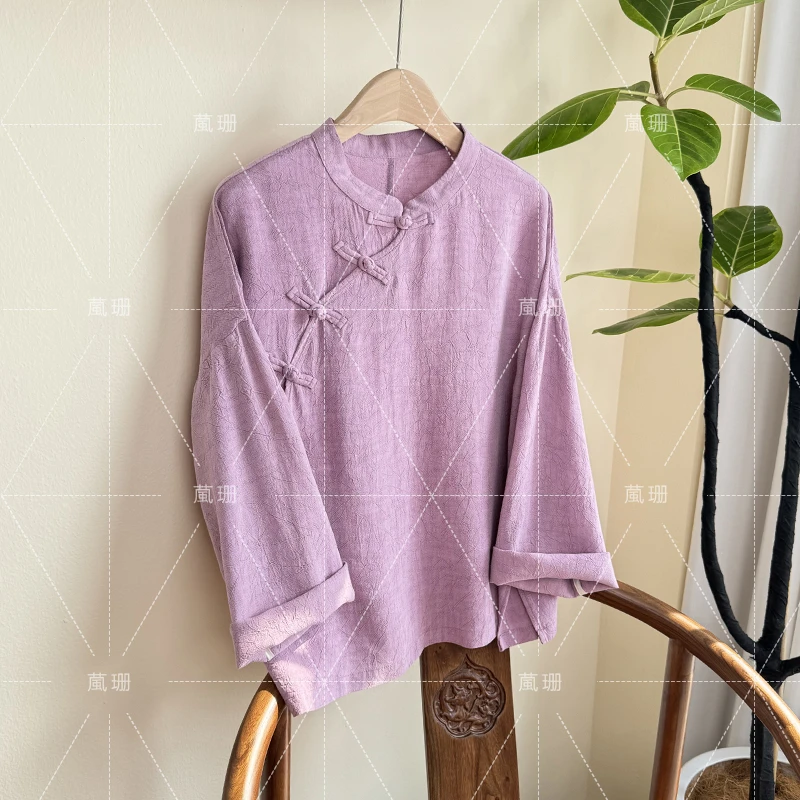 【简兮小衫】夏季炒色苎麻压皱工艺国风复古盘扣宽松小衫52196