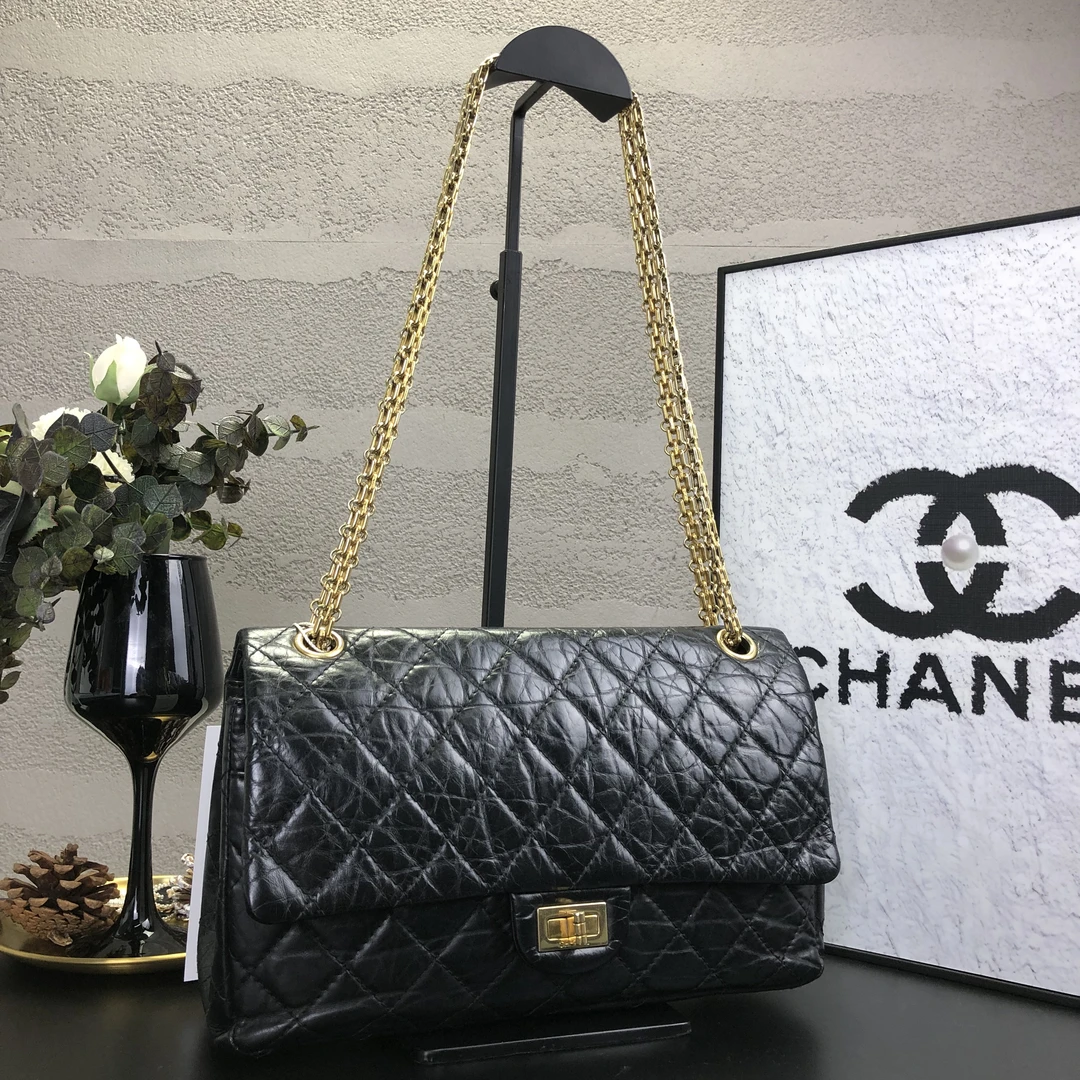 95新 Chanel/香奈儿 2.55黑金小号腋下单肩链条包 13开带卡底长28