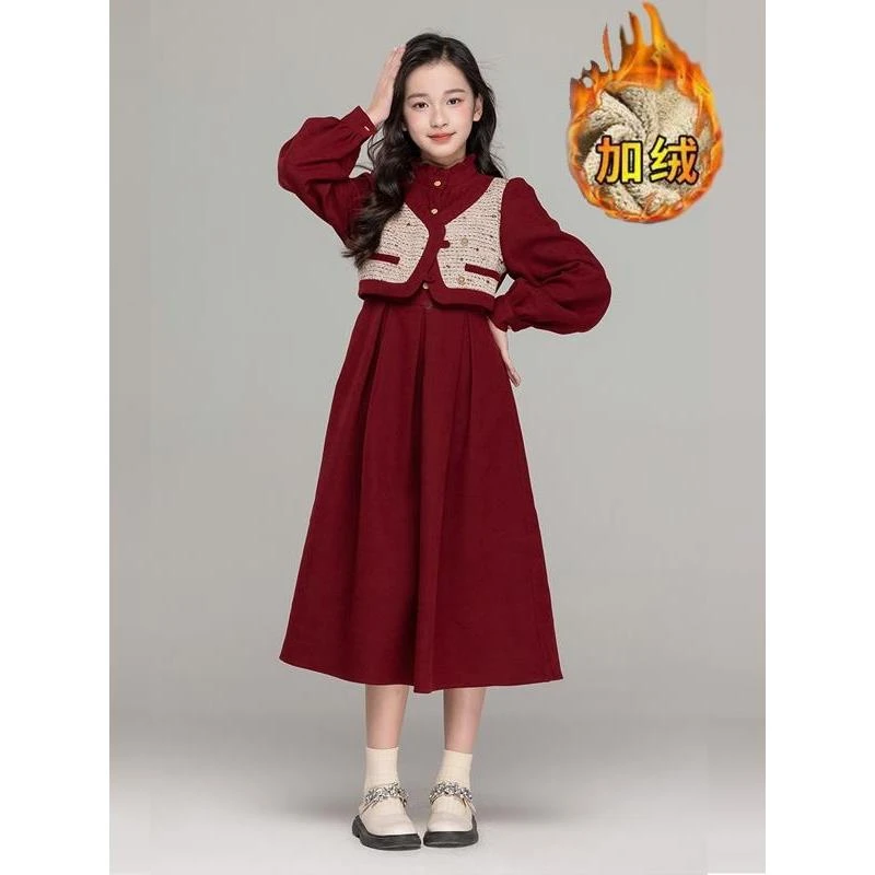 女童新年连衣裙女童新年春节红色连衣裙大女童160码马甲假两件小