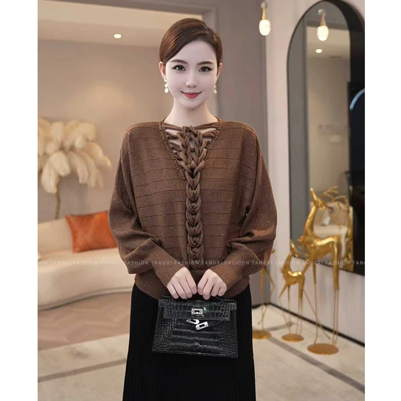 2025年秋冬新款【QQ-1216PY】含绵羊毛咖色拼接气质知性针织上衣女