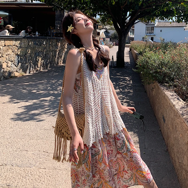 2025夏季新款碎花拼接度假风吊带韩版气质连衣裙吊带裙长裙裙子