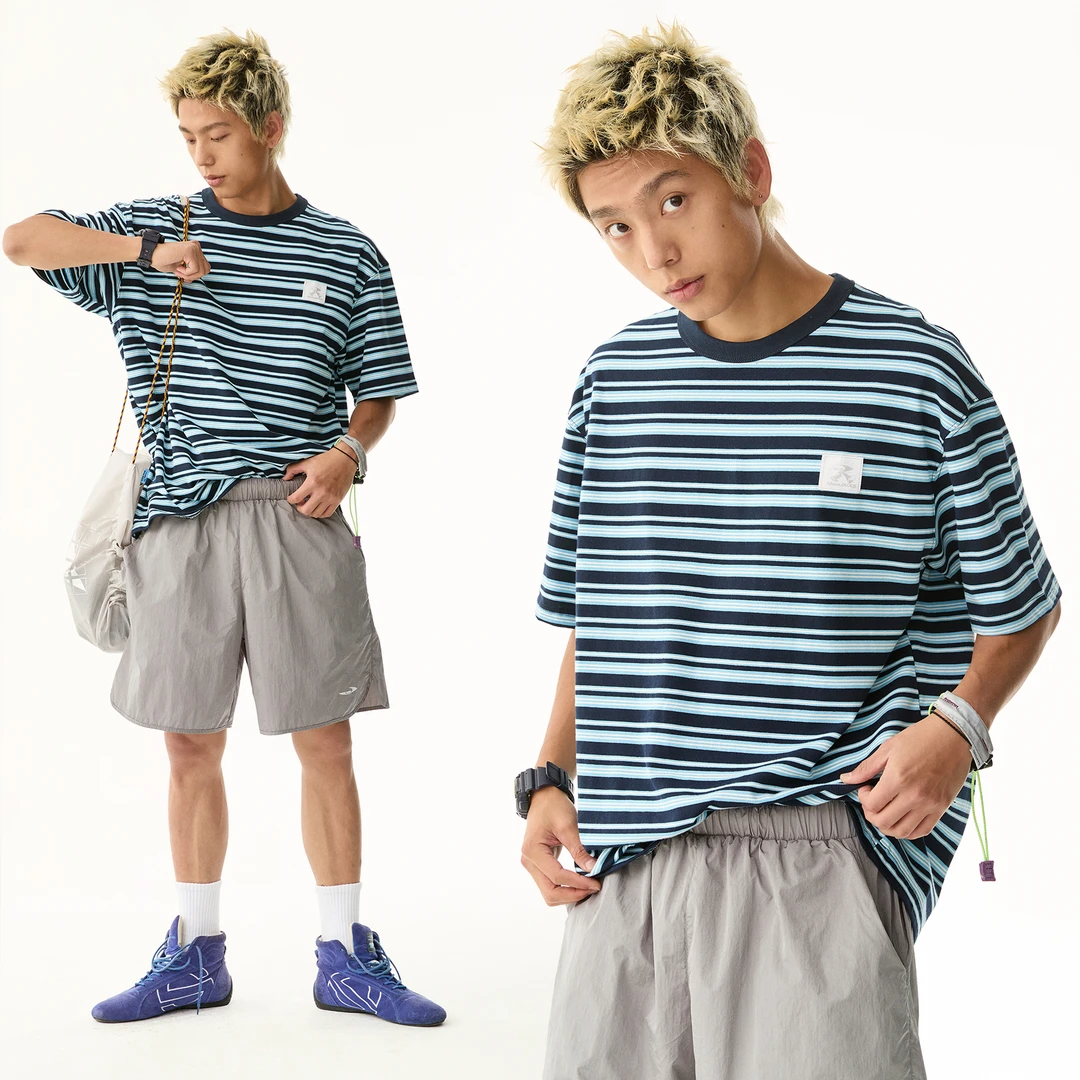 江南先生夏季少年感运动休闲宽松圆领短袖撞色条纹时尚T恤JN52J28