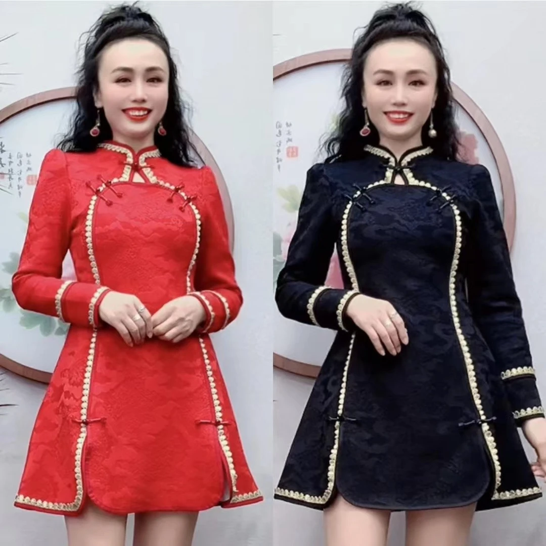 加绒（裙长84左右）旗袍女民族风演出服走秀表演连衣裙礼服86566