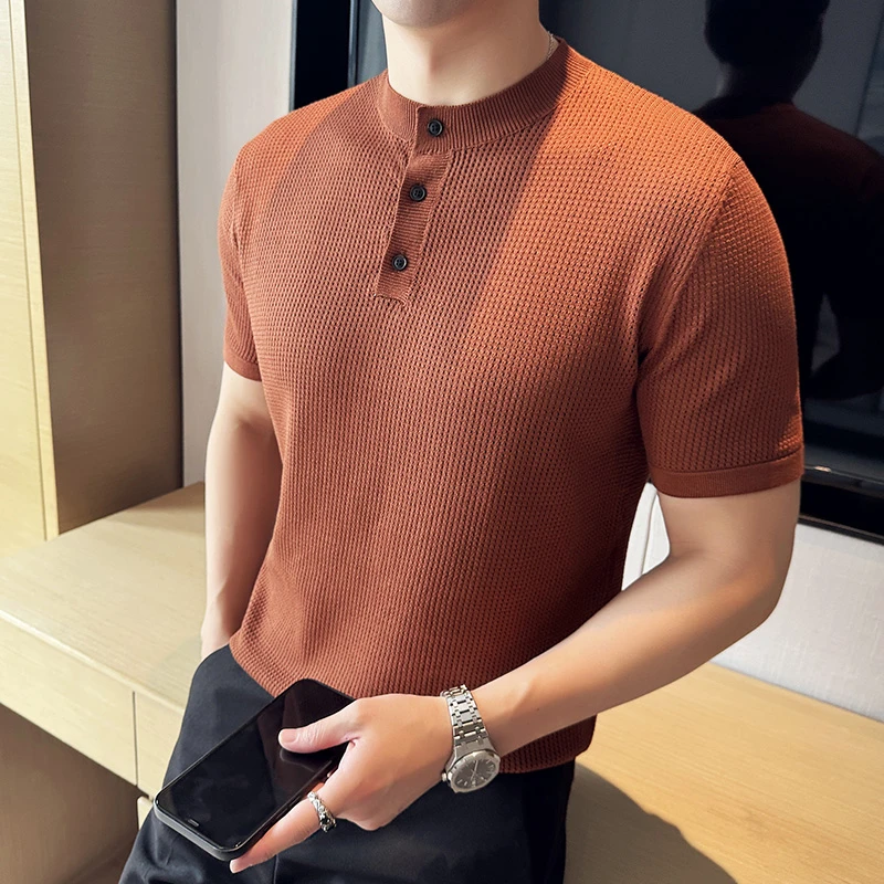 DeweLvum夏季新中式立领针织短袖T恤男士薄款无领polo衫半袖男装