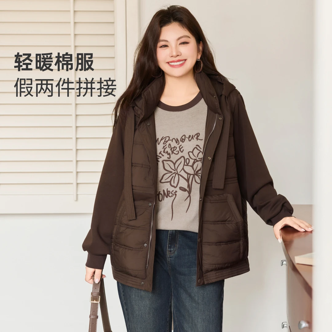 【假两件加绒长袖棉服】MsShe大码女装冬装宽松连帽外套Q2511007