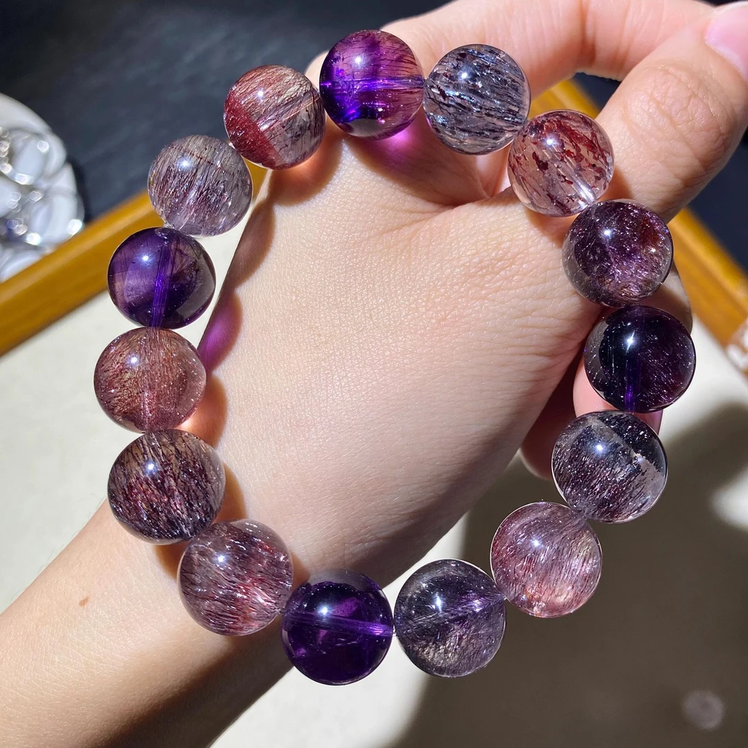 天然超七手链黑加仑水晶紫发晶超级七全能水晶手串女款多样性发一