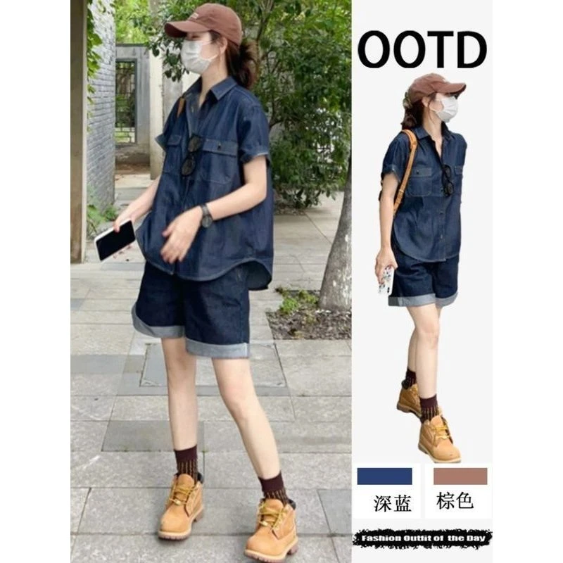 港风复古休闲牛仔衬衫外套+夏季新款宽松显瘦百搭阔腿短裤两件套