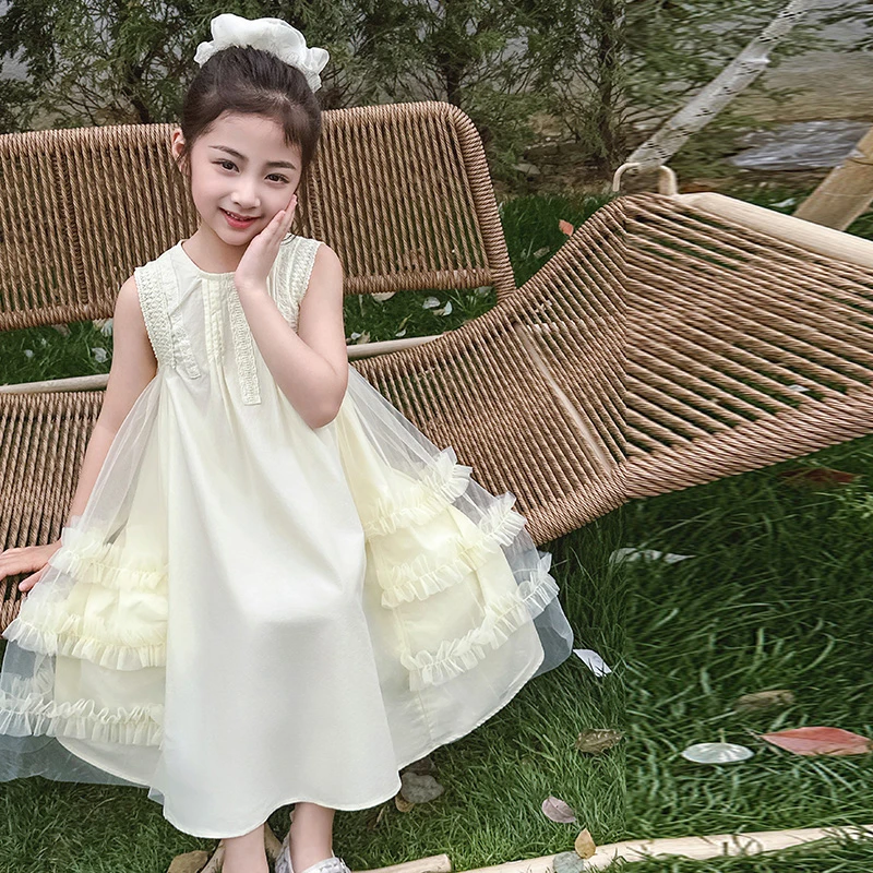 女童连衣裙2025夏季新款儿童拼接网纱背心裙小女孩棉布公主裙纱裙