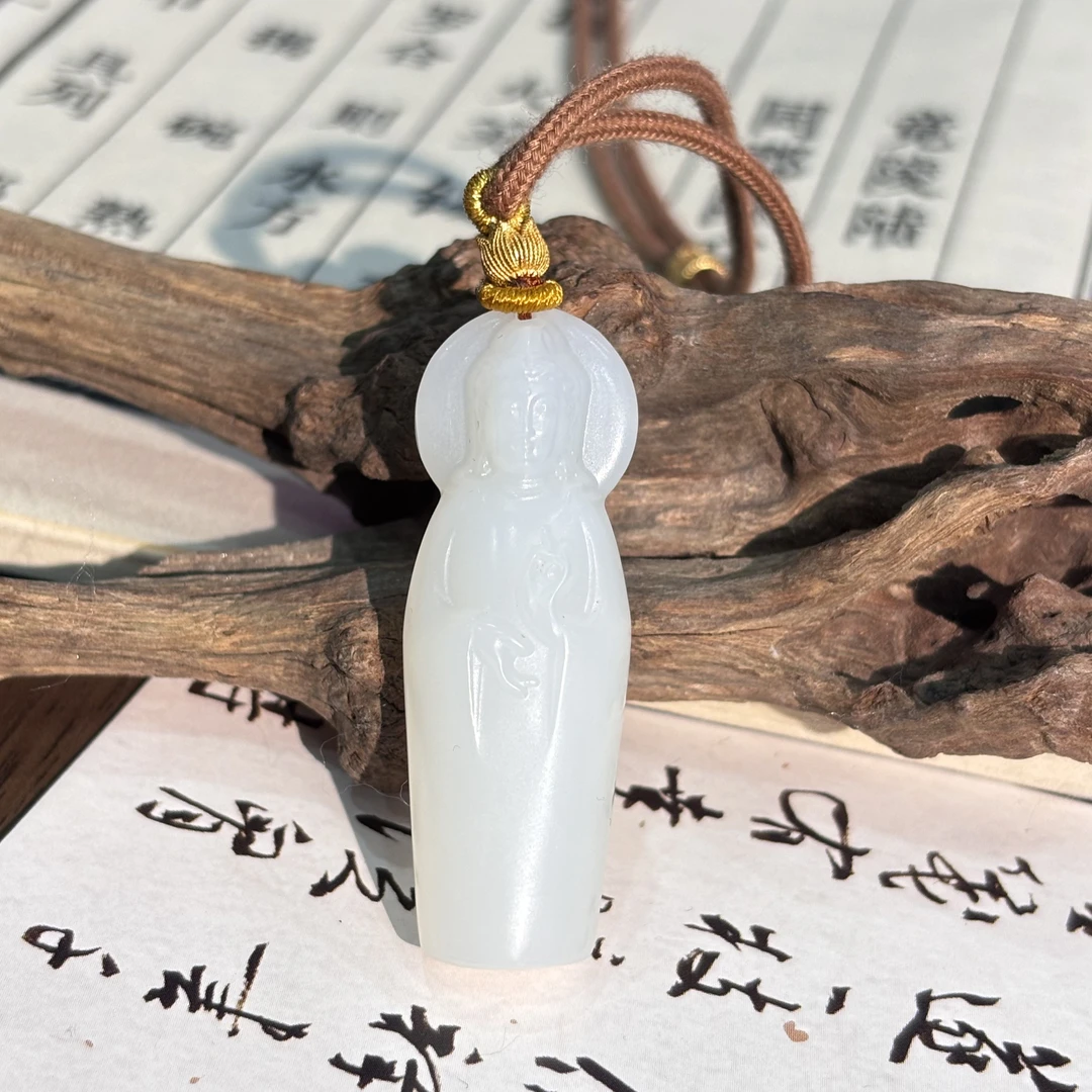 【真石】高品和田玉羊脂白玉观音吊坠