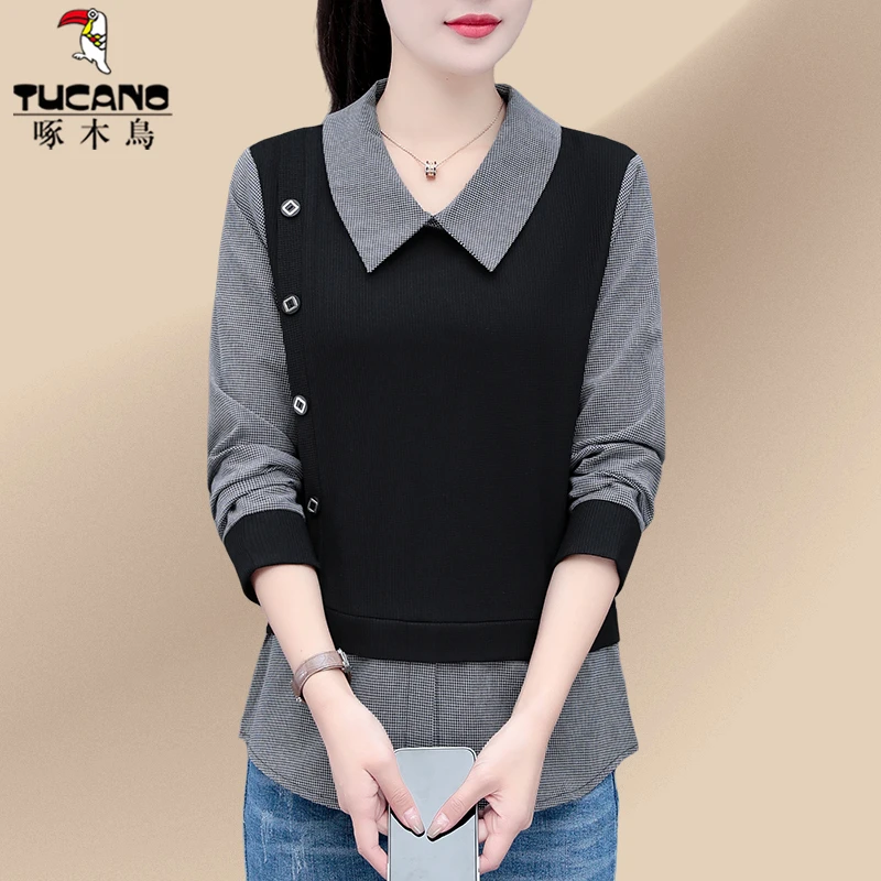 啄木鸟拼接假两件上衣女新款爆款中老年女装妈妈春季短款卫衣