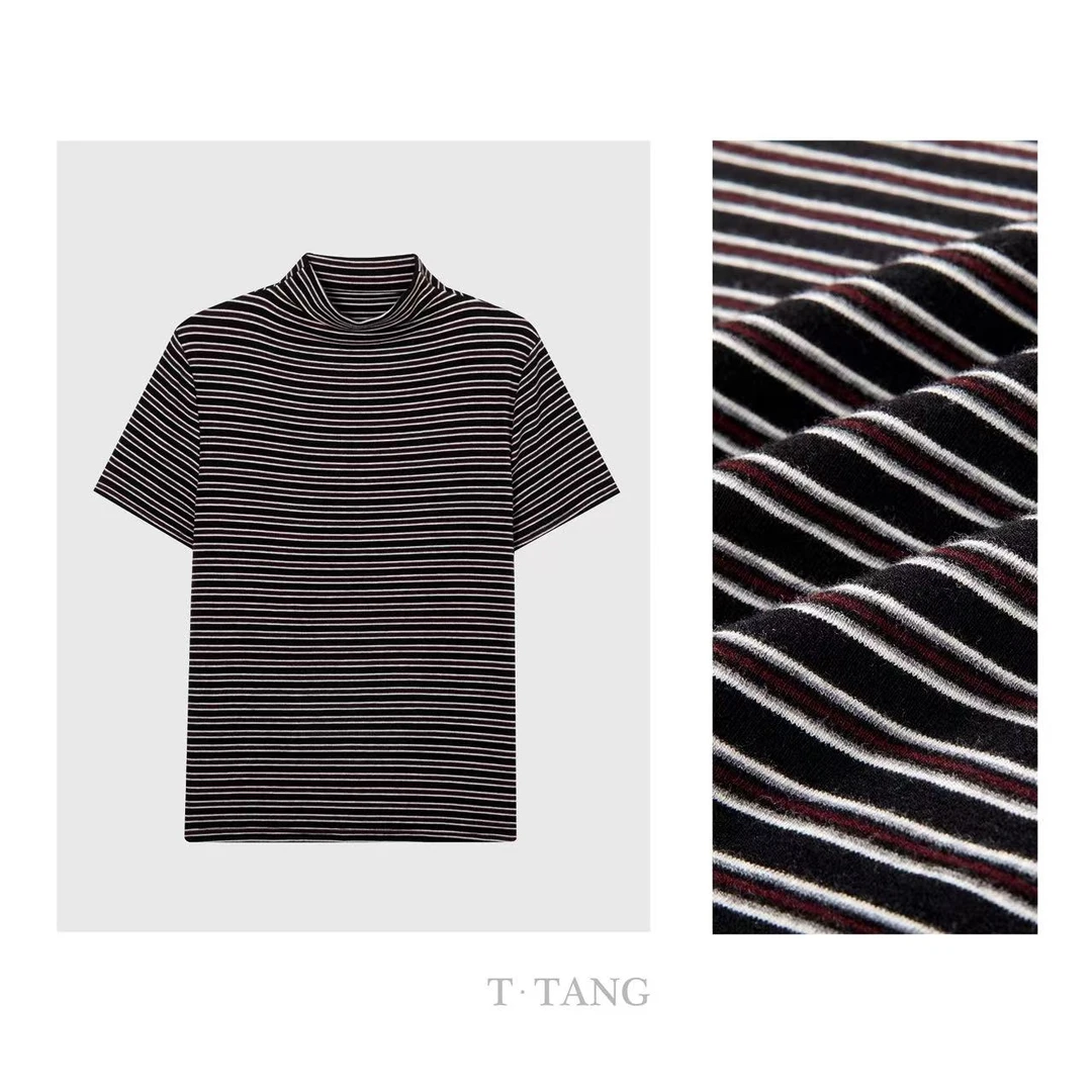 早秋新款260g精品色织条仿羊绒柔软舒适条纹半高领T恤【7163】FF