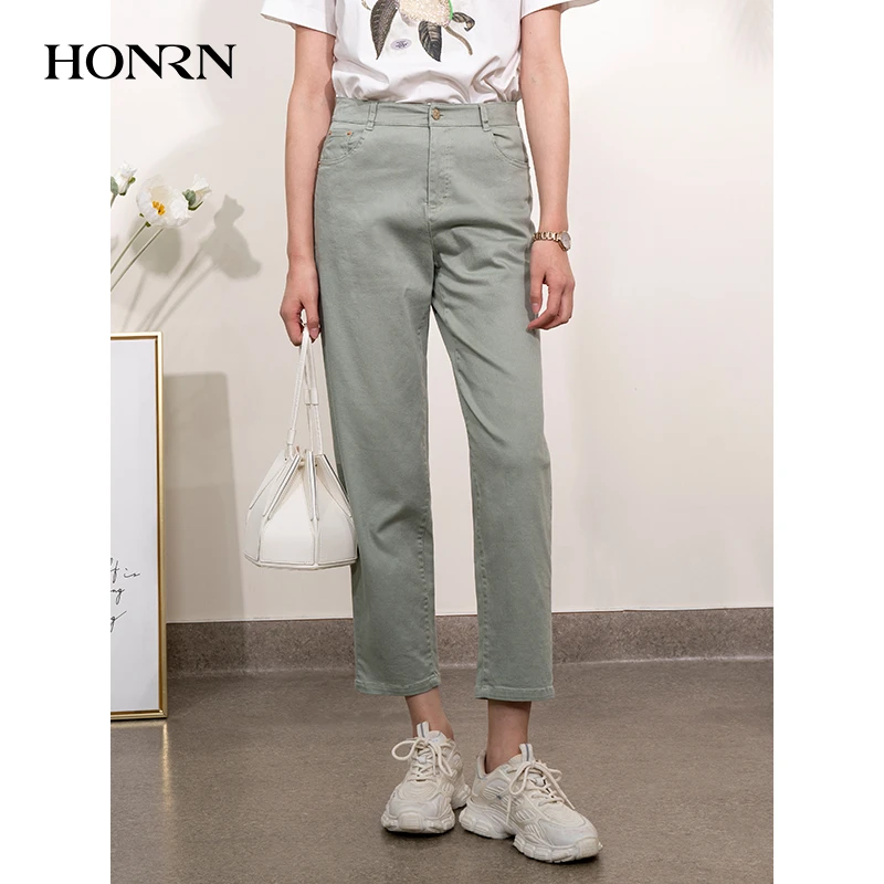 HONRN/红人宽松款显瘦棉质刺绣裤子直筒休闲裤女夏薄款HI22OK207