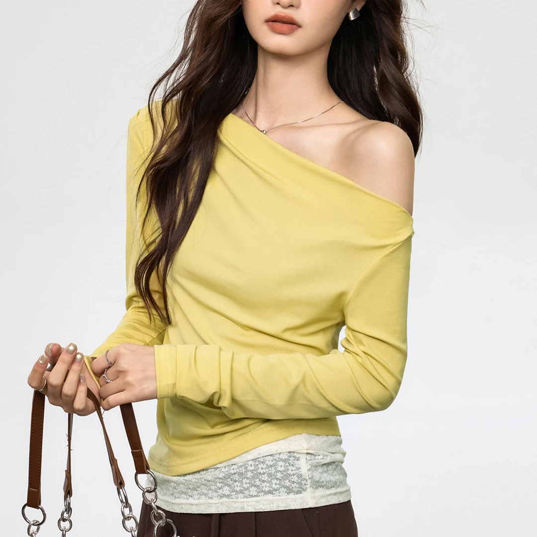 天丝莱赛尔 荡领斜肩蕾丝拼接不对称露肩长袖t恤女假两件新款上衣