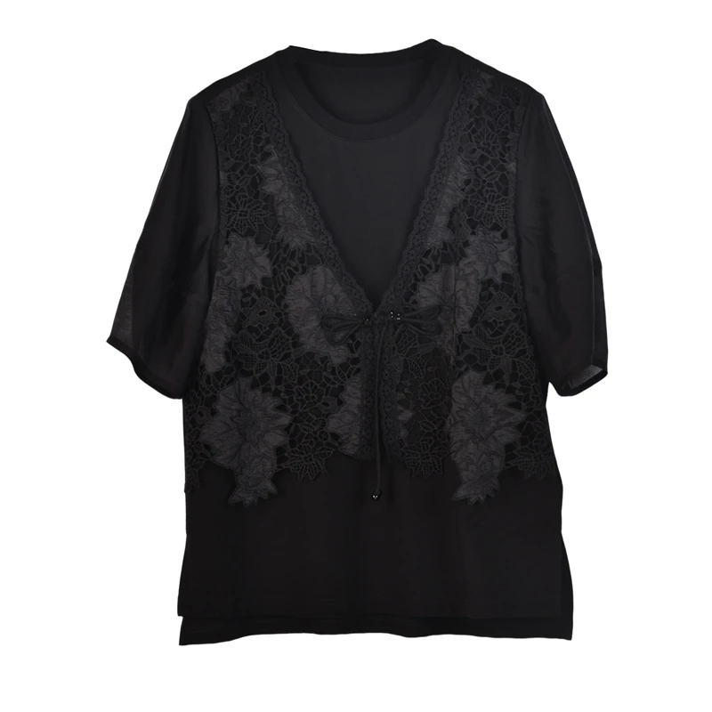 【达人甄选】夏季T恤女镂空蕾丝拼接百搭上衣25T1114