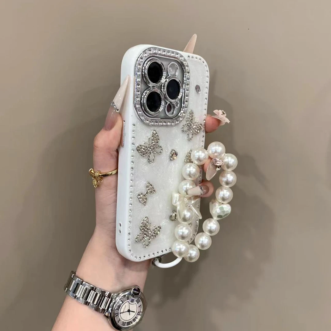 轻奢闪钻立体蝴蝶适用苹果16promax手机壳iphone15新款17链条15pm