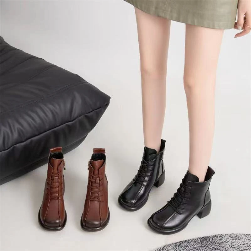 新款头层牛皮时尚休闲百搭英伦透气防滑厚底粗跟加绒保暖马丁靴