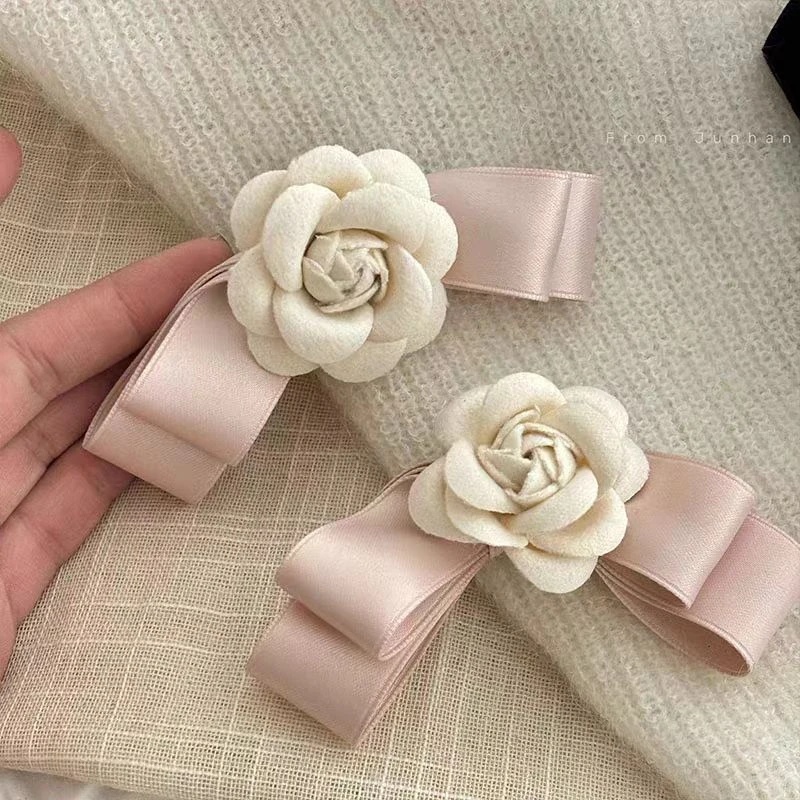 山茶花朵发夹缎面蝴蝶结刘海碎发夹韩式温柔高级感发饰