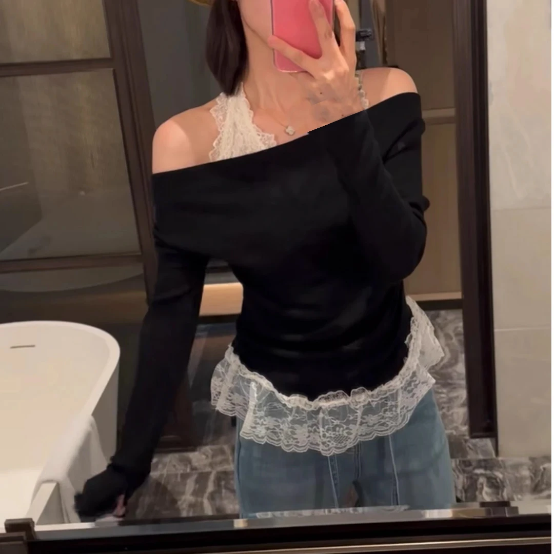 2025早春新款纯欲蕾丝挂脖露肩T恤女装辣妹气质时尚打底显瘦上衣