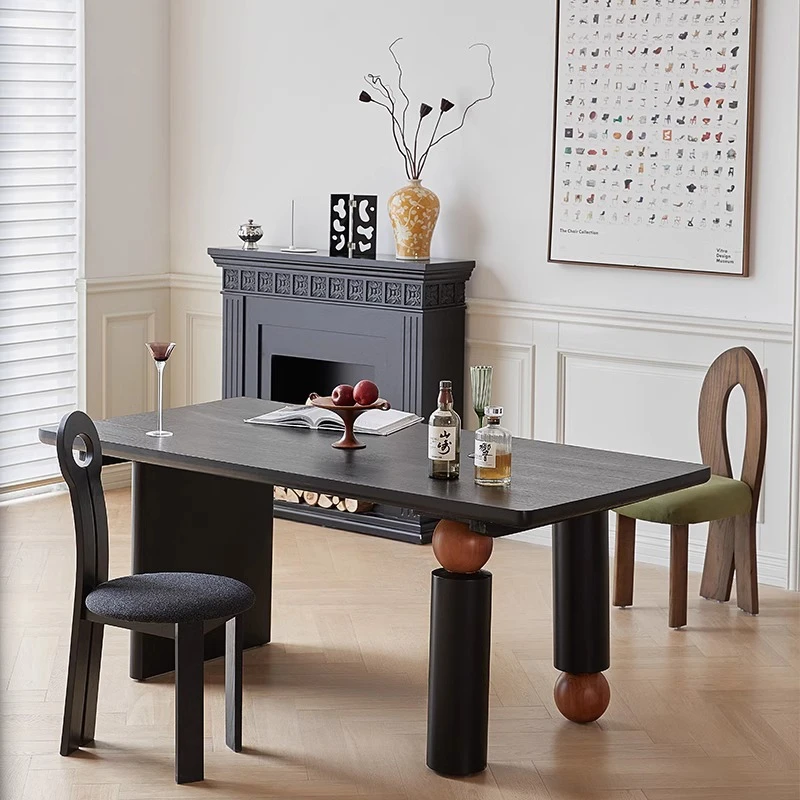 屿墨丨暮色餐桌实木长方形餐桌小户型黑色复古饭桌侘寂风原木餐桌