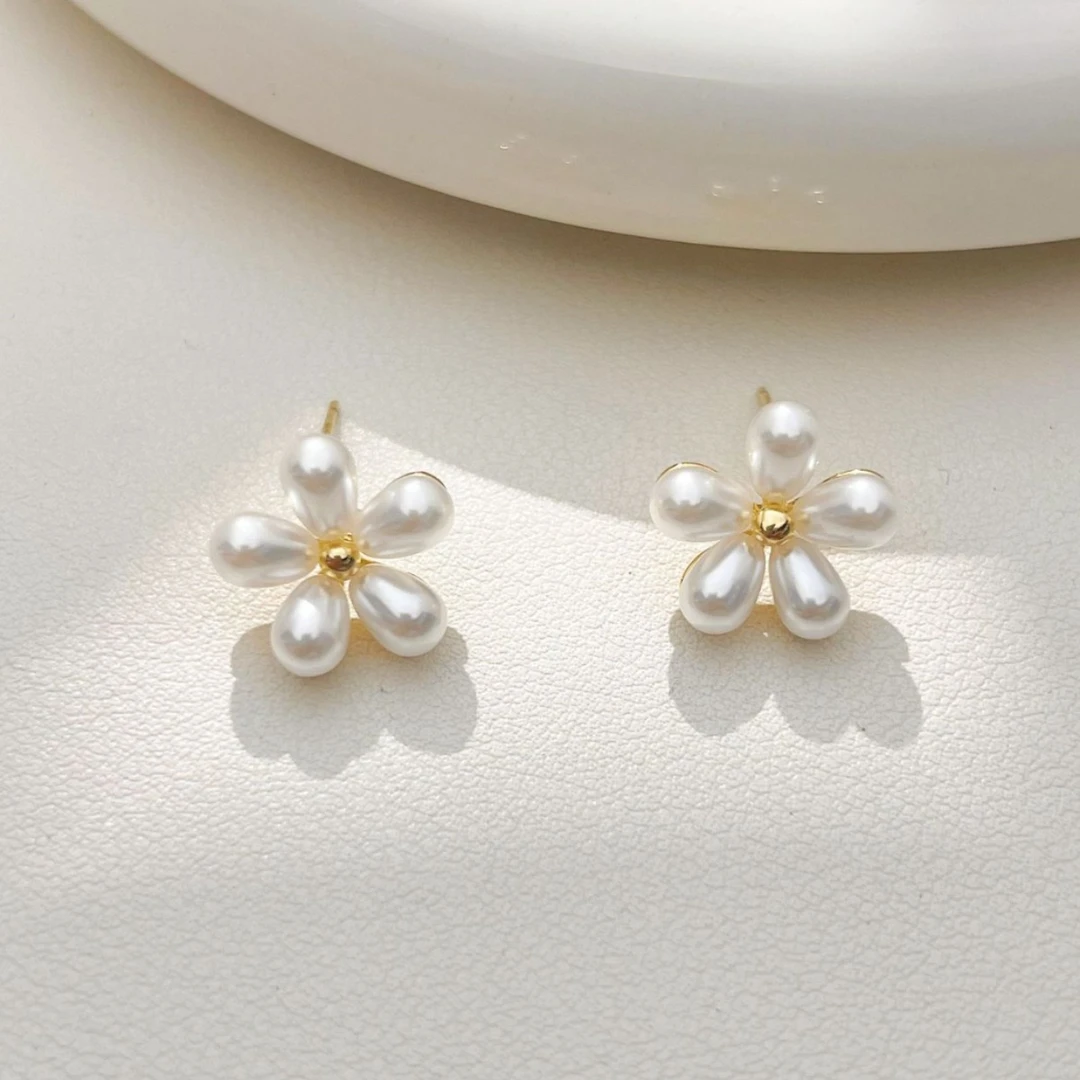 铜合金仿珍珠耳饰 时尚韩版925银针水滴珍珠花朵耳环高级感耳钉