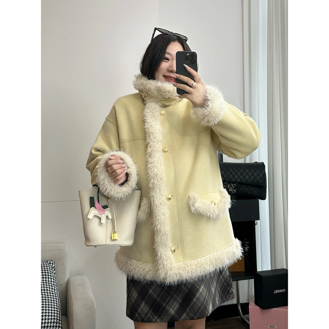 花契"糖分加满"大码女装秋冬宽松200斤胖mm韩版毛茸茸外套13685-H