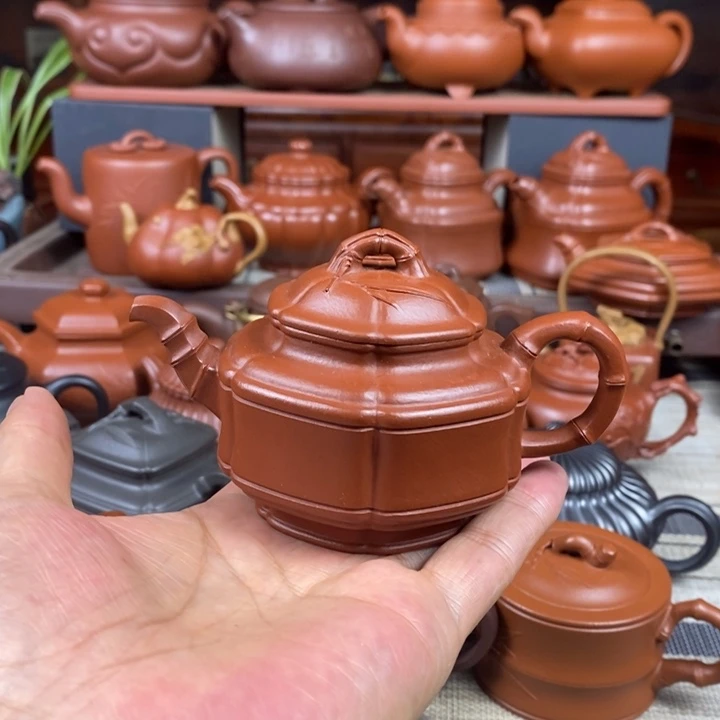 紫砂茶壶六方竹鼓150cc原矿赵庄朱泥特价