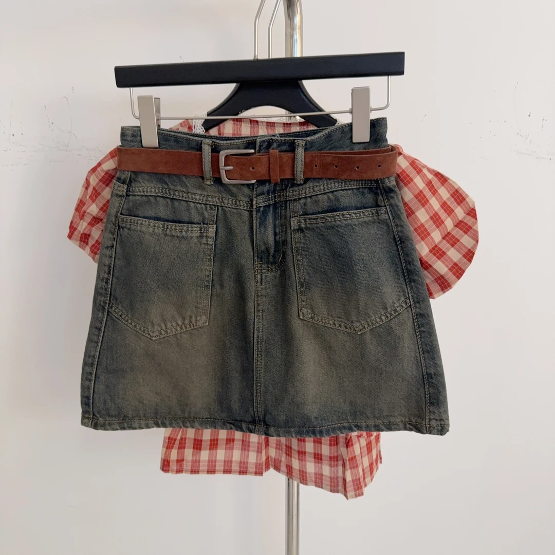 【华丽珊珊女装】夏季怀旧复古风穿搭百搭洗水牛仔A字版短裙