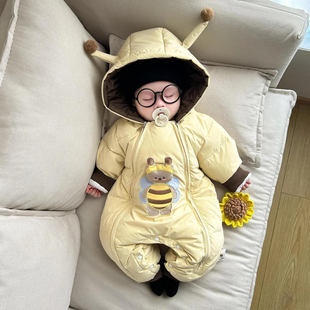 小蜜蜂加绒加厚外出婴儿连体衣冬装保暖棉服新生宝宝衣服冬季爬服