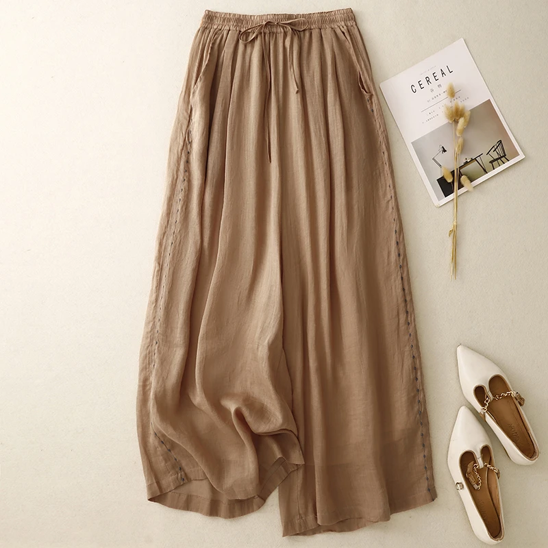 2025秋季时尚新款文艺气质刺绣阔腿裤亚麻显瘦透气双层长款裤裙女