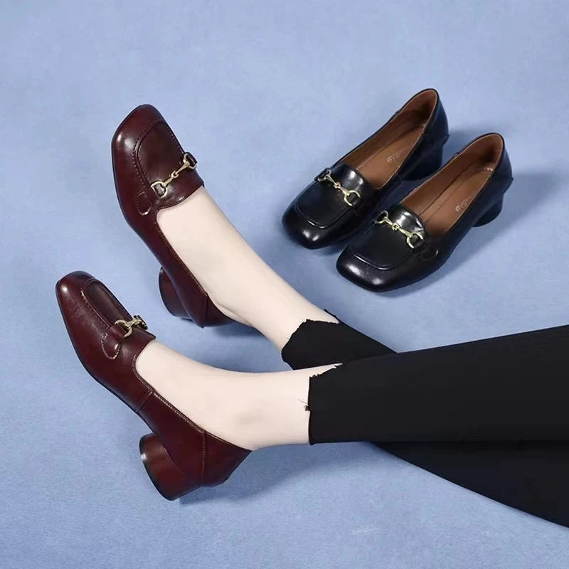 808春季新款粗跟乐福鞋女中跟方头单鞋女真皮皮鞋软皮工作鞋春秋