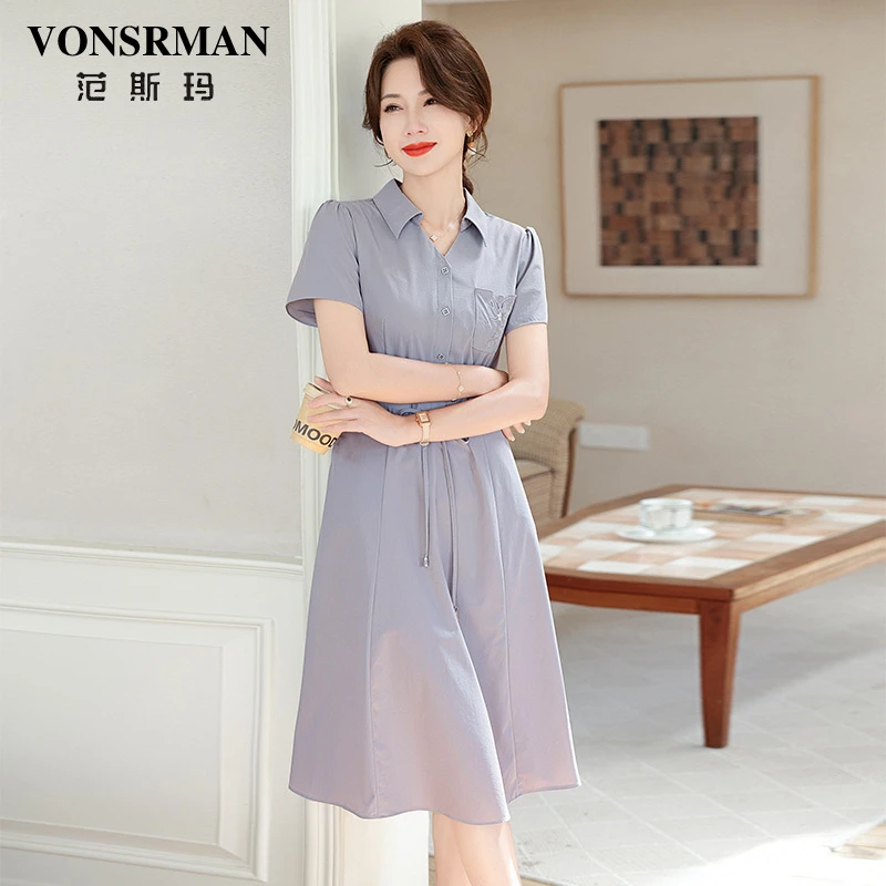 衬衫领收腰连衣裙女2025夏季新款时尚显瘦短袖气质修身减龄中长裙