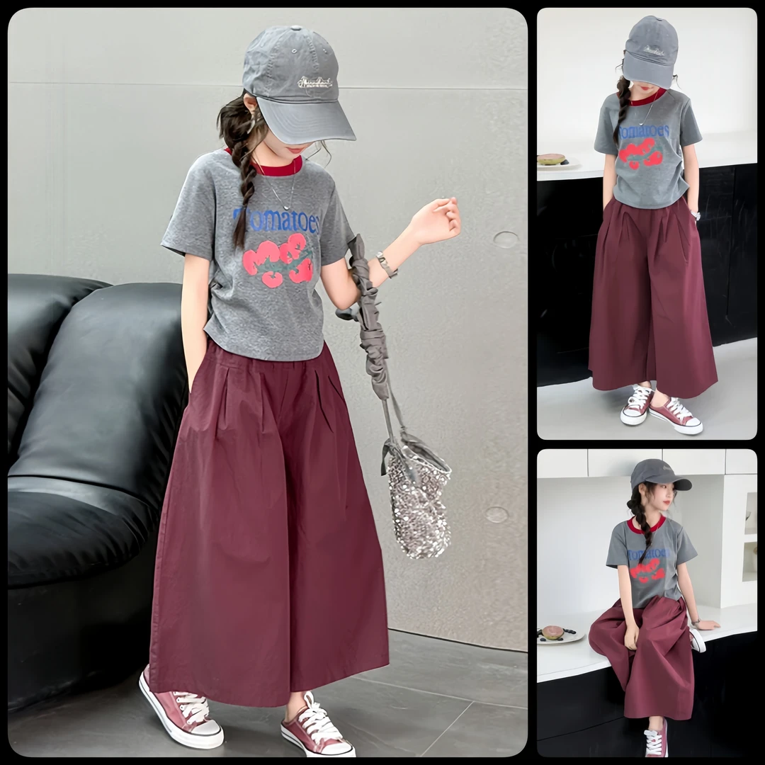 女童夏季套装新款短袖T恤阔腿裤2025韩范女孩夏装中大童6-15岁潮
