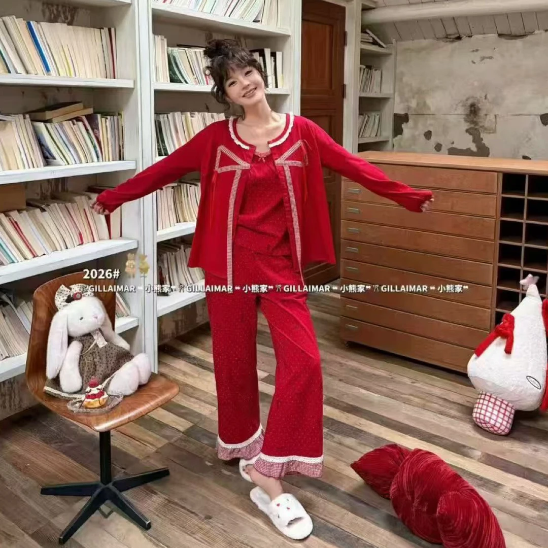 小熊家/点点蝴蝶结三件套/女士长袖长裤甜美睡衣家居服套装可外穿