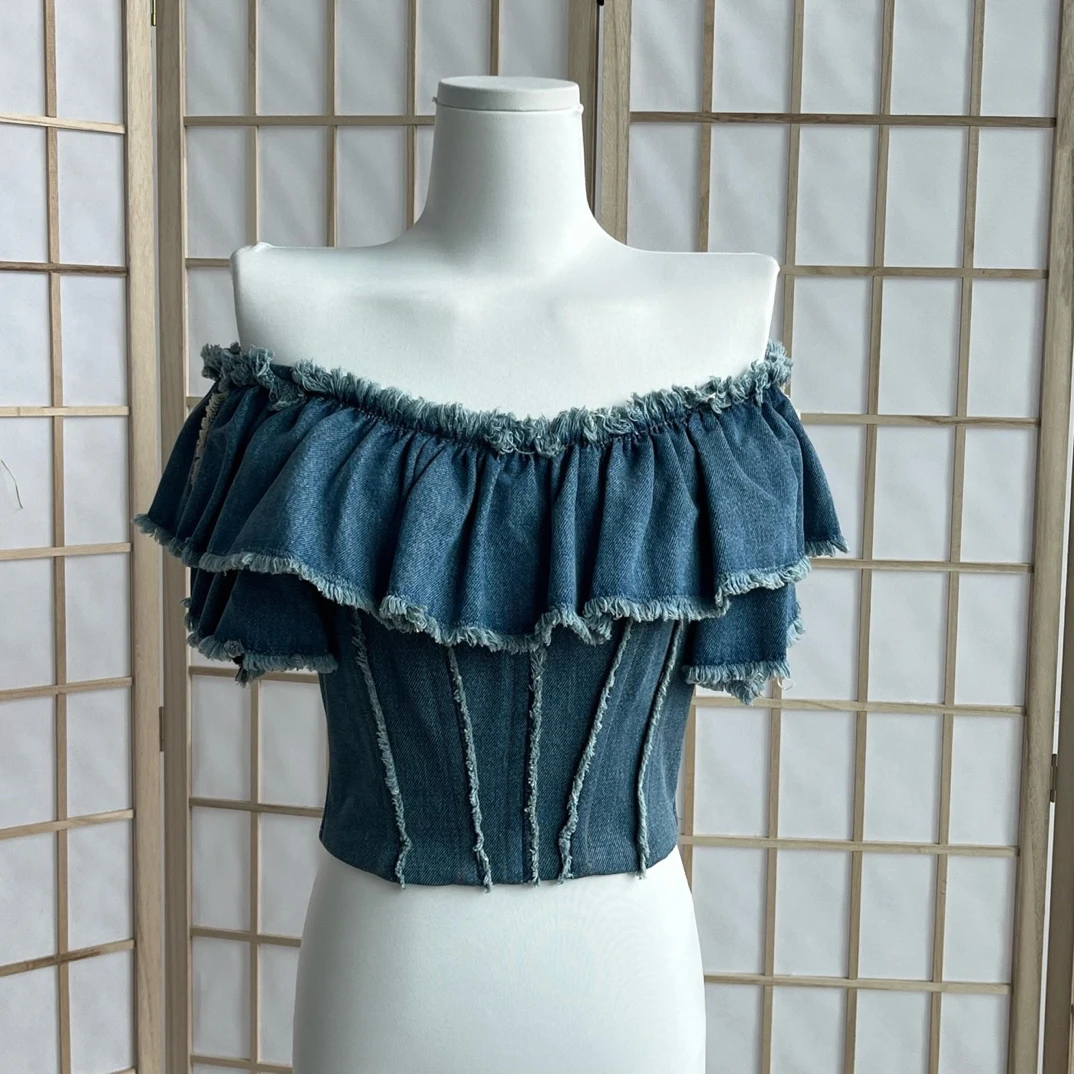 99新 MIU MIU/缪缪 A9523 DG 一字肩上衣38码 肩宽40 胸围68