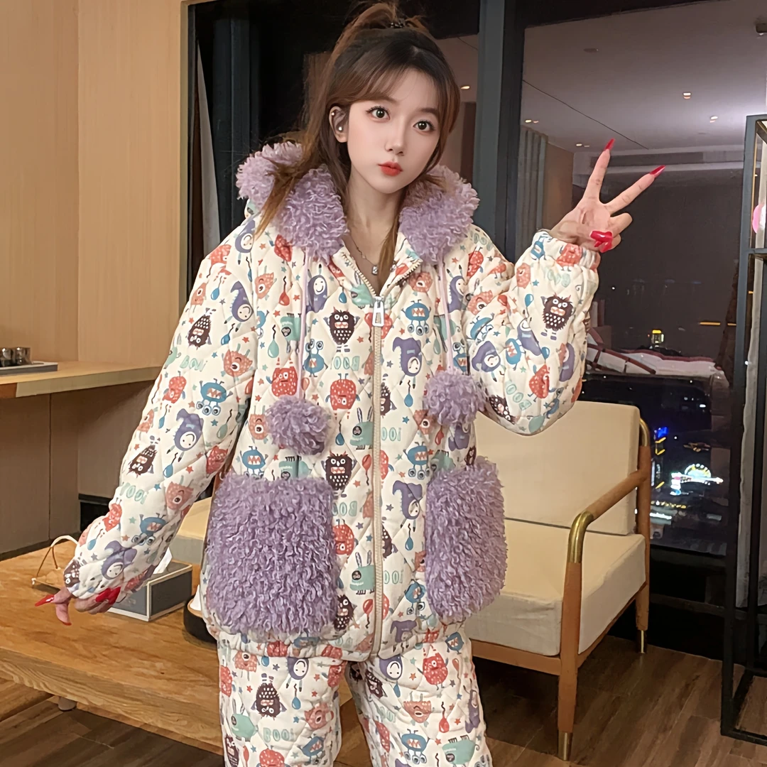 2025冬季新款印花三层夹棉特厚毛绒睡衣女甜美保暖连帽拉链家居服