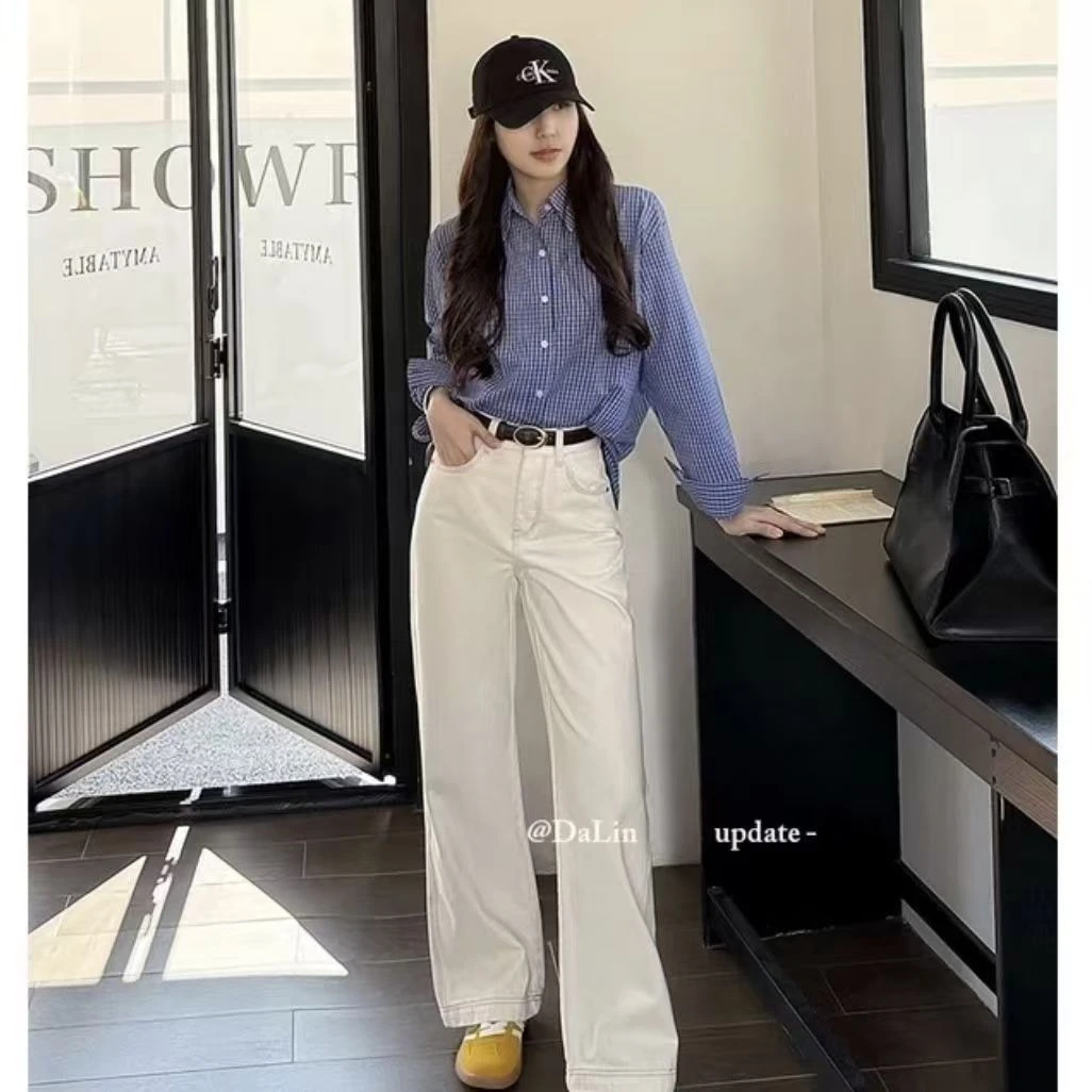 【运费险+现货】早秋新款米杏色牛仔裤女高腰显瘦窄版直筒裤