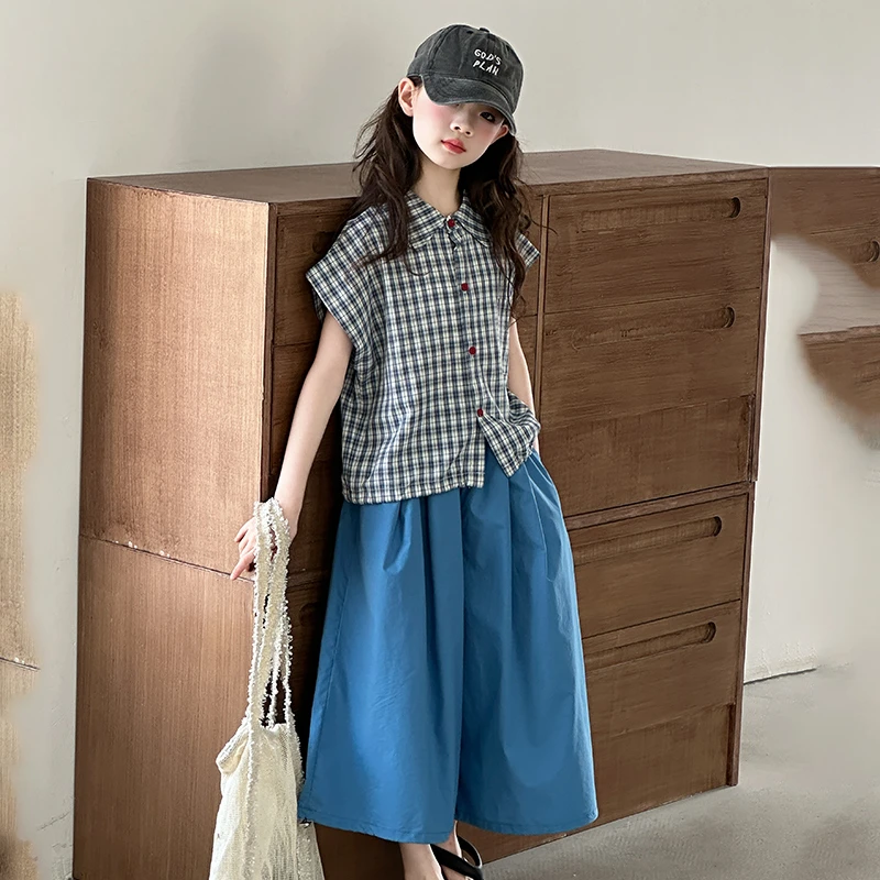 女童夏季格子衬衣套装2025新款儿童洋气时尚阔腿裤时髦两件套