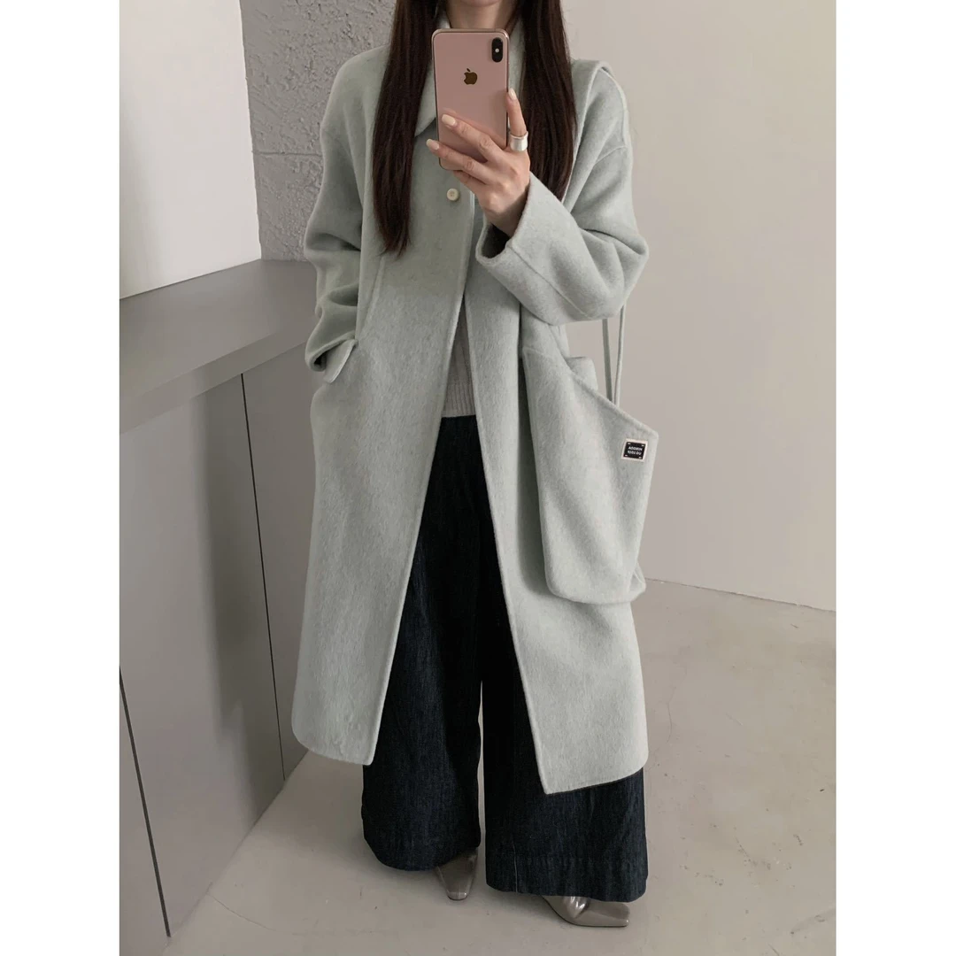 双面羊绒大衣女娃娃领中长款挎包秋冬新款韩版宽松加厚羊毛呢外套